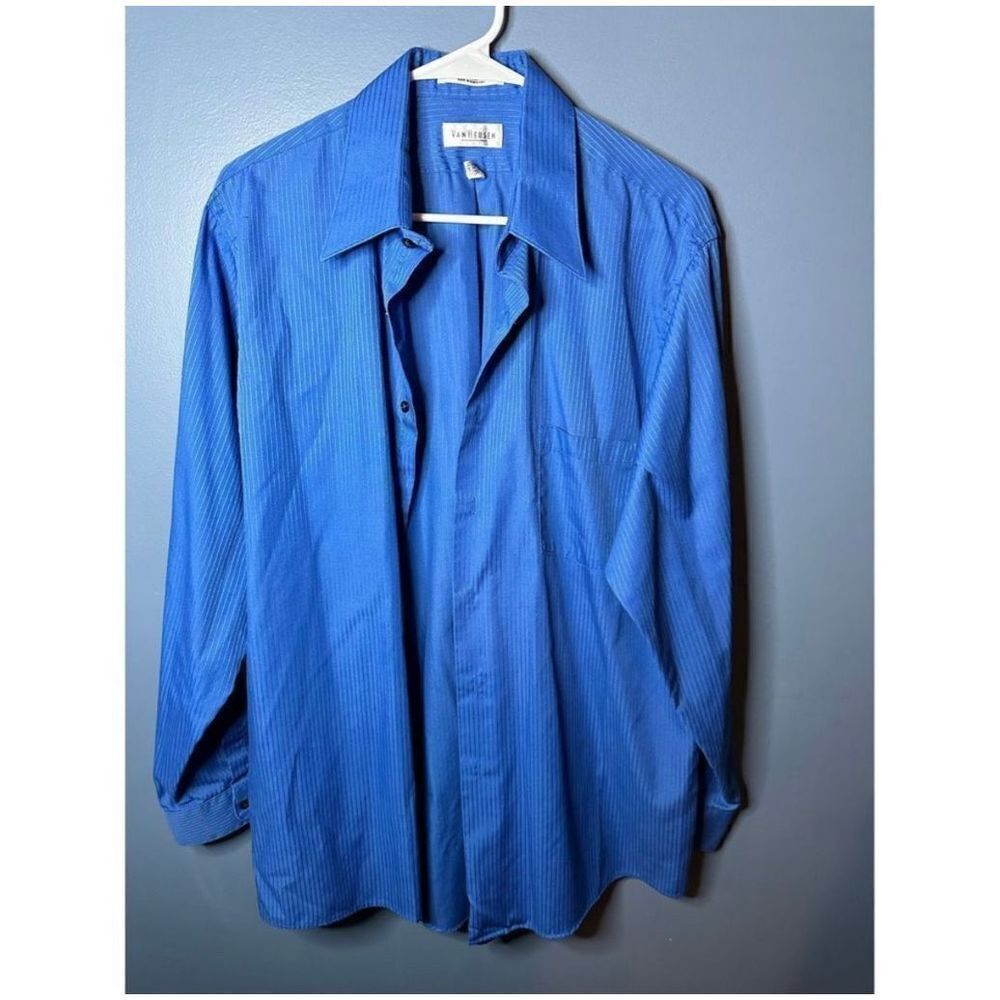 Van Heusen Satin Striped Dress Shirt Blue Long Sleeve Button Up Mens Large 16.5n